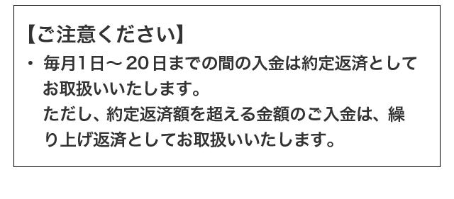 【ご注意ください】・毎月1日～20日までの間の入金は約定返済としてお取扱いいたします。・ただし、約定返済額を超える金額のご入金は、繰り上げ返済としてお取扱いいたします。